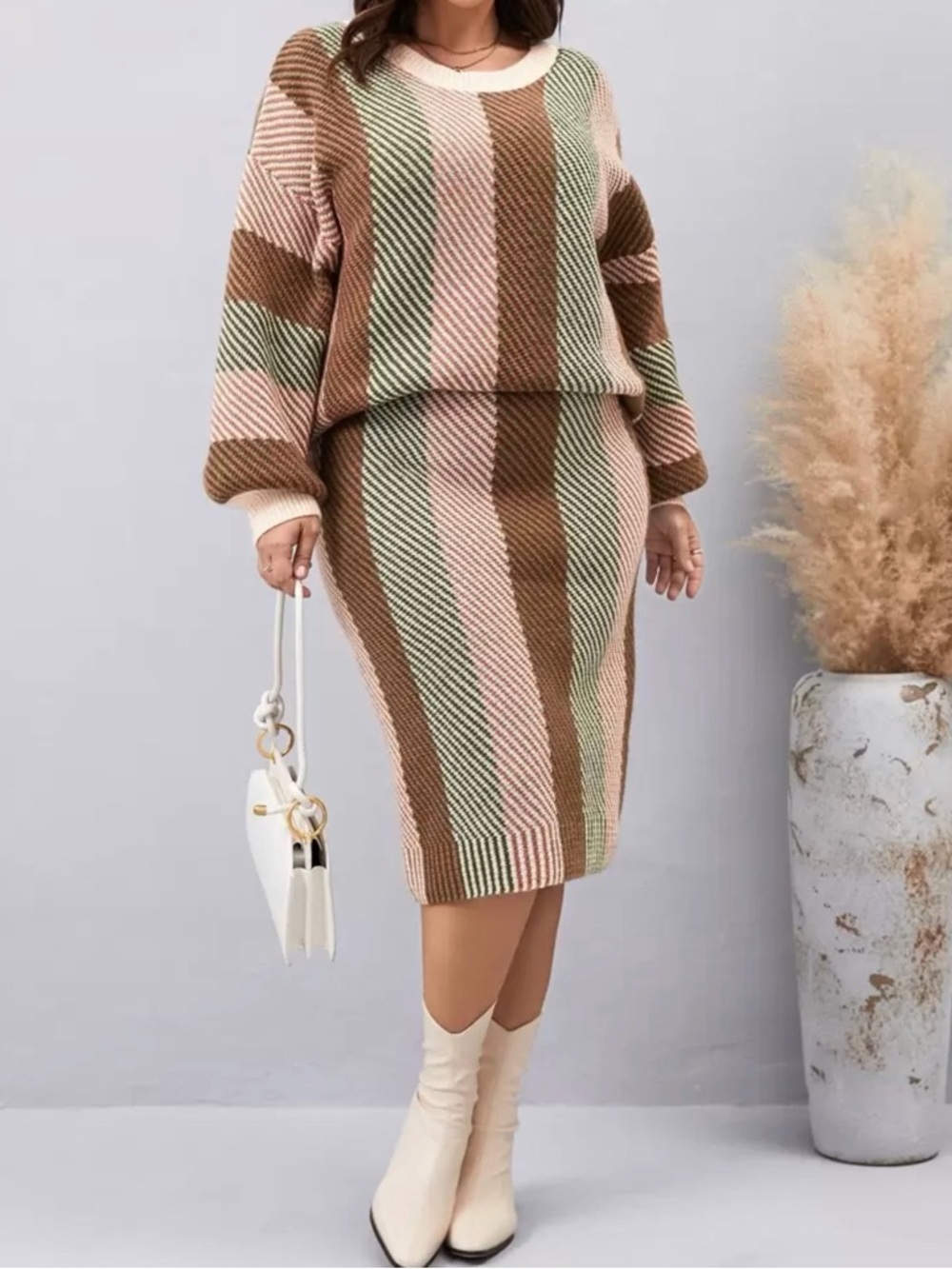 Striped Knit Midi Skirt in Brown, Pink & Green